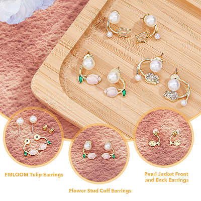3 Pairs 3 Style Crystal Rhinestone Tulip Flower Stud Earrings with Plastic Pearl Beaded EJEW-FI0001-51-1