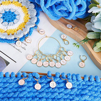 20Pcs 2 Colors Flat Round with Number Alloy Enamel Locking Pendant Stitch Markers HJEW-SC00045-1