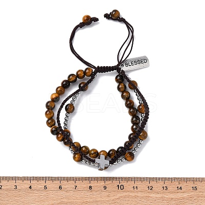 Adjustable Natural Tiger Eye & Hematite Braided Bead Bracelets BJEW-U035-01B-1