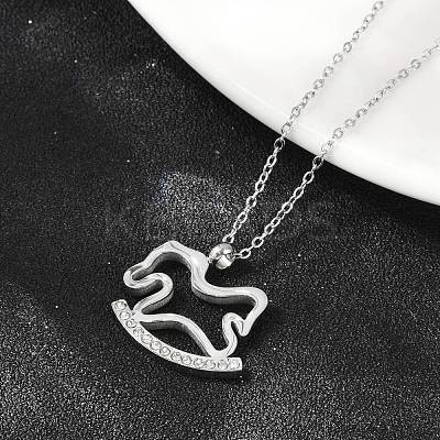 304 Stainless Steel Crystal Rhinestone Rocking Horse Pendant Necklaces for Women NJEW-F339-02P-1
