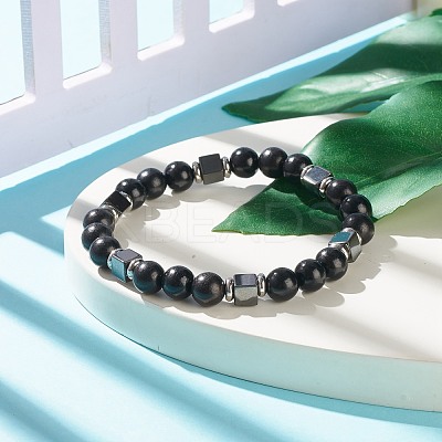 Natural Wood & Synthetic Hematite Beaded Stretch Bracelet BJEW-JB07928-1