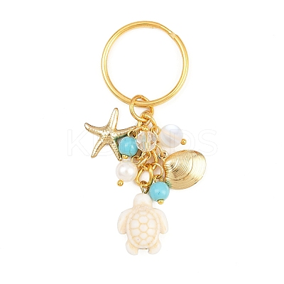 4Pcs 4 Colors Ocean Series Natural White Jade & Lapis Lazuli & Green Aventurine & Synthetic Turquoise & 304 Stainless Steel Starfish Shell Shape Turtle Keychain KEYC-JKC01388-1
