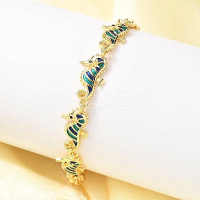 Brass Enamel Turquoise Sea Horse Link Chain Bracelets LS-BJEW-C118-03G-1