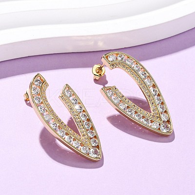 Brass Micro Pave Clear Cubic Zirconia V-Shaped Stud Earrings EJEW-D332-01G-1