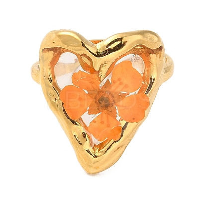 Ion Plating(IP) Heart Epoxy Resin with Dry Flower Adjustable Rings RJEW-G304-01G-1