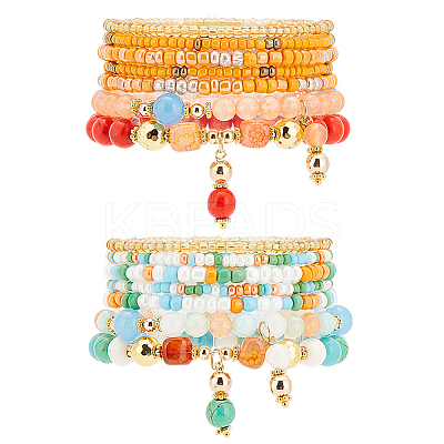 2 Sets 2 Style Natural Dyed Malaysia Jade & Agate & Synthetic Turquoise & Glass Seed Beaded Stretch Bracelets Set BJEW-PH0004-29-1