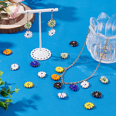 32Pcs 8 Colors Glass Seed Beaded Sunflower with Evil Eye Charms PALLOY-PH01782-1