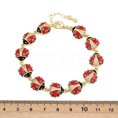 Brass Micro Pave Clear Cubic Zirconia with Enamel Red Ladybug Link Chain Bracelets for Women BJEW-L707-02G-1
