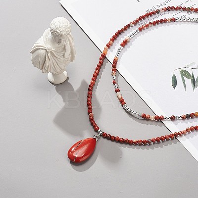 2Pcs 2 Style Natural Red Jasper Teardrop Pendant Necklaces Set NJEW-JN04064-1