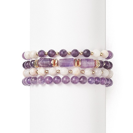 4Pcs 4 Style Natural Amethyst & White Crazy Agate & Brass Beaded Stretch Bracelets Set BJEW-JB08998-1