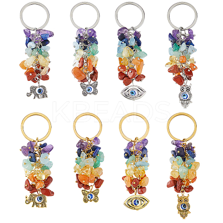 8Pcs Chakra Natural Gemstone Chip Bead Keychain KEYC-FH00054-1