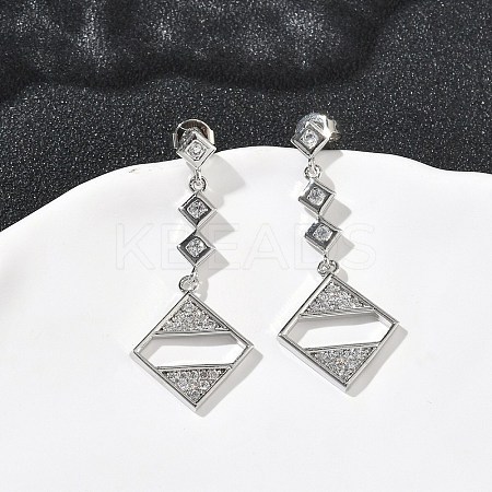 Rhombus Brass Micro Pave Clear Cubic Zirconia Dangle Stud Earrings EJEW-F383-10P-1