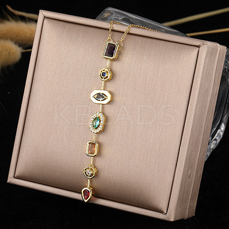 304 Stainless Steel Pave Cubic Zirconia Rectangle Oval Drop Pendant Long Tassel Necklaces FS-WGDB594-01-1