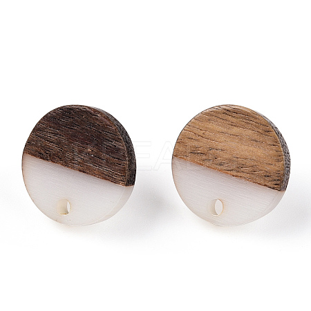 Opaque Resin & Walnut Wood Flat Round Stud Earrings EJEW-TAC0021-17A-02-1