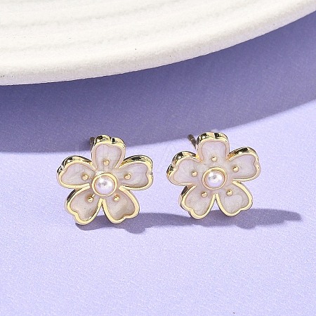 Flower Brass & ABS Plastic Pearl Stud Earrings EJEW-P336-07G-01-1
