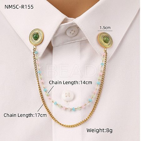 304 Stainless Steel & Dyed Stone Round Hanging Chain Brooch JEWB-S021-01G-02-1