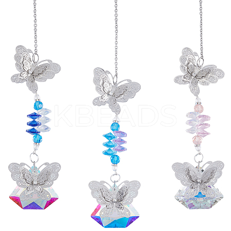 3Pcs 3 Colors Butterfly Glass Pendant Decoration HJEW-SP00010-1
