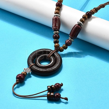 Ethnic Style Alloy & Porcelain Ceramic Beads & Wood Ring Pendant Tassel Y Necklaces NJEW-D308-02-1
