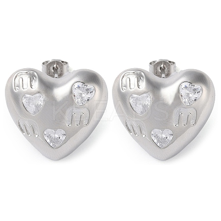 Heart Brass Micro Pave Clear Cubic Zirconia Stud Earrings EJEW-A034-06P-1