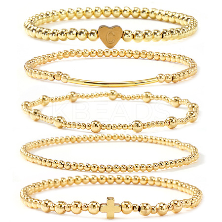 Brass and Stainless Beaded Stretch Bracelet Sets VB9693-2-1