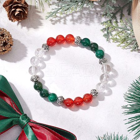 Natural Fuchsite & Carnelian & Quartz Crystal Round Beaded Stretch Bracelets for Men Women BJEW-TA00661-1