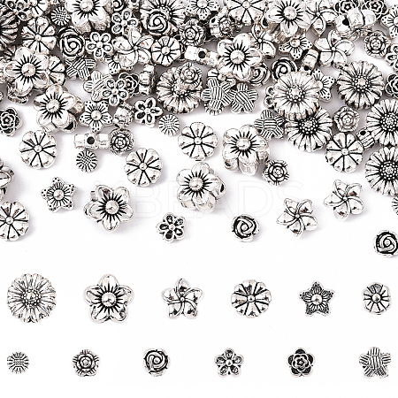 120Pcs 12 Styles Tibetan Style Alloy 3D Flower Beads FIND-YW0009-60-1