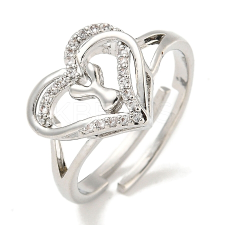 Heart with Letter Rack Plating Brass Micro Pave Clear Cubic Zirconia Adjustable Rings for Women RJEW-I105-01P-Y-1
