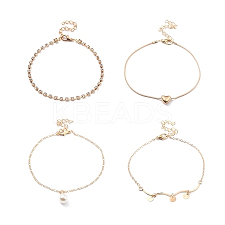 4Pcs 4 Style Alloy Chain Anklets Set with Heart Flat Round and Resin Pearl Charm SJEW-D009-04KCG-1