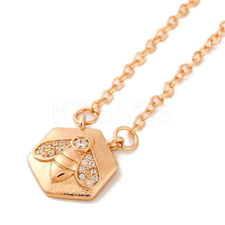Brass Pave Clear Cubic Zirconia Cable Chain Bees Hexagon Pendant Necklaces for Women NJEW-U006-02B-KCG-1