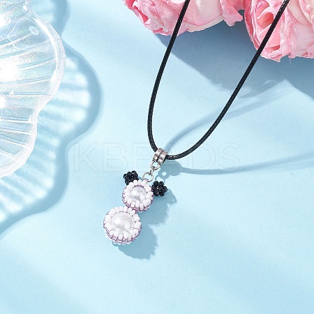 Glass Seed Beads & Glass Pearl Round Beaded Bear Pendant Waxed Cotton Cord Necklaces for Women Men NJEW-MZ00126-02-1