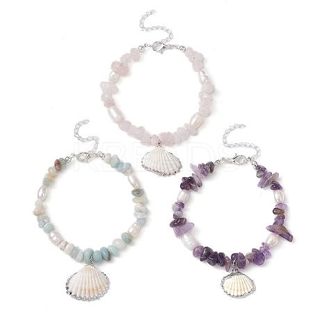 3Pcs 3 Style Natural Shell Charm Bracelets Set BJEW-TA00396-1