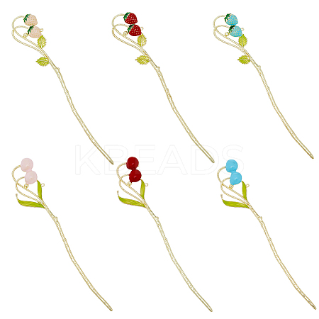 SUPERFINDINGS 6Pcs 6 Style Strawberry & Cherry Alloy Enamel Hair Sticks OHAR-FH0001-11-1