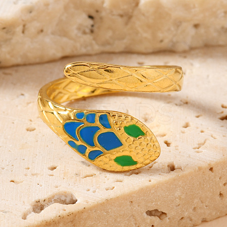 201 Stainless Steel Enamel Snake Open Cuff Ring for Women RJEW-A053-05G-03-1