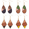 4 Pairs 4 Colors Natural Wood Teardrop & Rhombus Dangle Earrings EJEW-FI0001-46-1