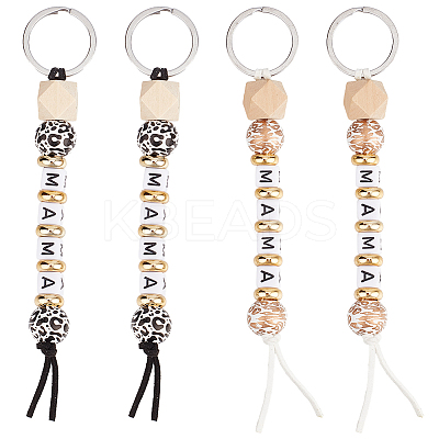 4Pcs 2 Colors Wood and Plastic Beads Keychain Decorationes AJEW-SP0001-40-1