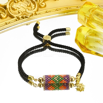 Handmade Seed Column Link Slider Bracelet with Sun Charms BJEW-MZ00027-1