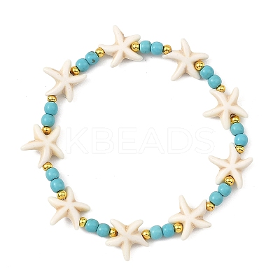 Synthetic Turquoise & Brass Beads Stretch Bracelets for Women Men BJEW-JB13877-03-1