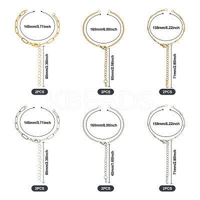 12Pcs 6 Styles 304 Stainless Steel Chain Bracelet Makings AJEW-TA0001-34-1