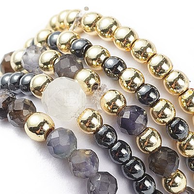 5Pcs 5 Style Natural Rainbow Moonstone & Dichroite & Synthetic Hematite Round Beaded Stretch Finger Rings Set RJEW-JR00527-1