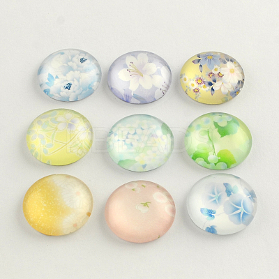 Flower Pattern Flatback Half Round Glass Dome Cabochons for DIY Projects X-GGLA-R026-10mm-08-1