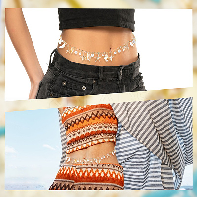Bohemian Natural Shell & Plastic Imitation Pearl Tassel Chain Belts AJEW-CY0001-06A-1