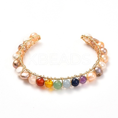 Natural Pearl Bead & Mixed Gemstone Beads Cuff Bangles for Women Girl Gift BJEW-JB06826-02-1