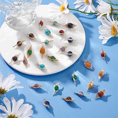 28Pcs 14 Styles Mixed Gemstone Copper Wire Wrapped Connector Charms FIND-HY0003-94-1