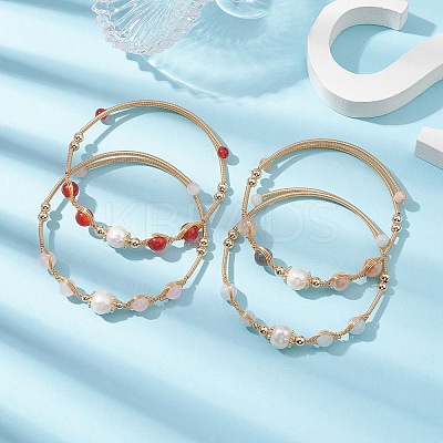 Natural Mixed Stone Round Beaded Cuff Bangle BJEW-JB10113-1