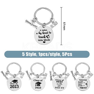 5Pcs 5 Style Class of 2023 Graduation Gifts Stainless Steel Keychain KEYC-FH0001-32B-1