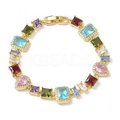 Brass Micro Pave Colorful Cubic Zirconia Rectangle & Square & Teardrop Link Chain Bracelets for Women BJEW-G764-07G-1