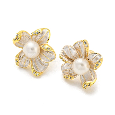 Cubic Zirconia Flower Stud Earrings with Natural Pearl EJEW-Z020-05G-1