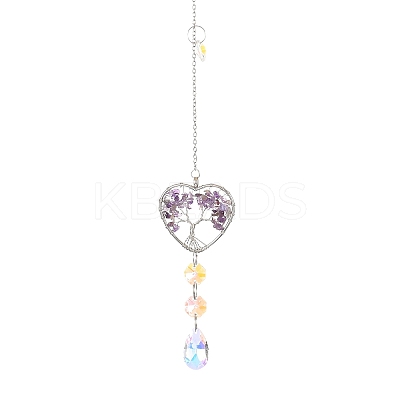 Wire Wrapped Natural Amethyst Heart with Tree of Life Pendant Decorations HJEW-K046-02P-05-1