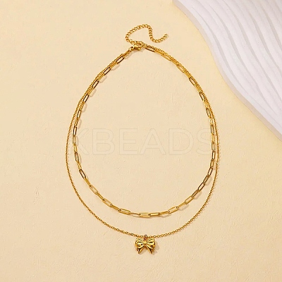 304 Stainless Steel Bowknot Pendant Necklaces LS-NJEW-L182-001G-04-1