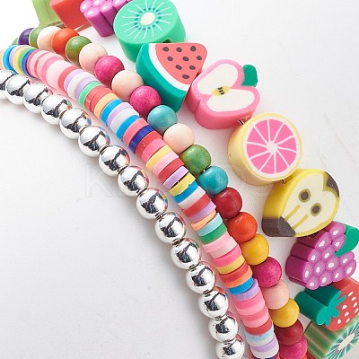4Pcs 4 Style Handmade Polymer Clay Fruit & Synthetic Hematite & Turquoise(Dyed) Beaded Bracelets Set BJEW-JB08693-1